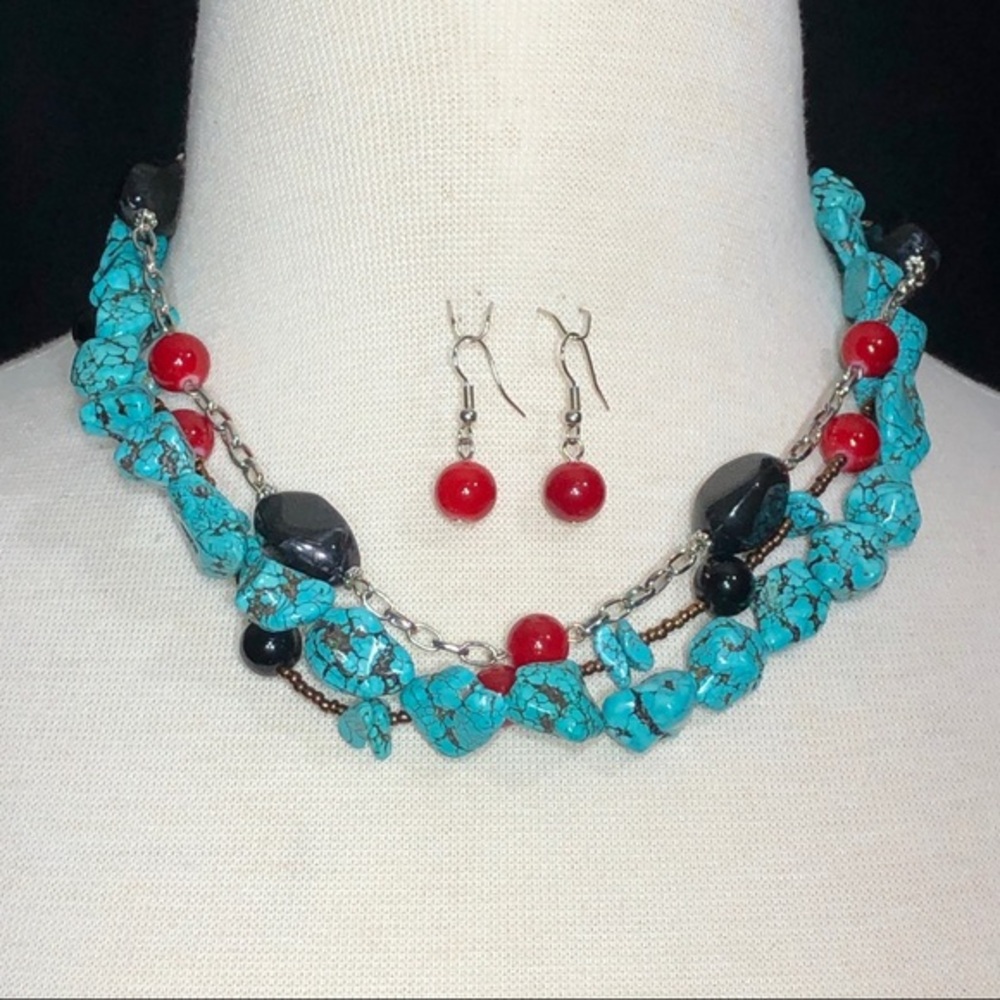3 Row Turquoise Stone Multicolor Necklace Set